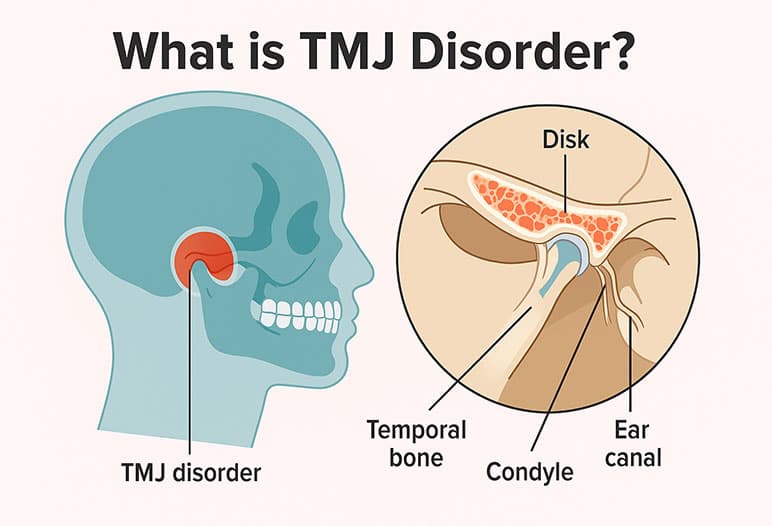 Diagram showing a skull profile and detailed jaw joint anatomy to explain TMJ disorder.